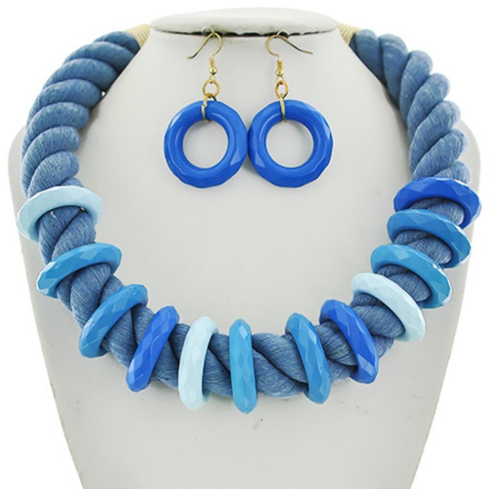 BLUE ROPE STATEMENT NECKLACE & EARRING SET